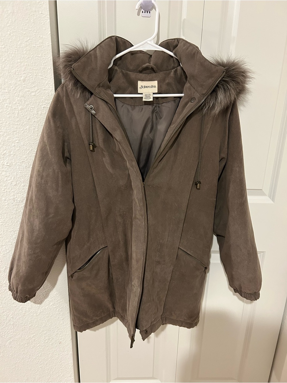 St John’s Bay Petite Brown Faux Suede Fur Hooded Parka Coat